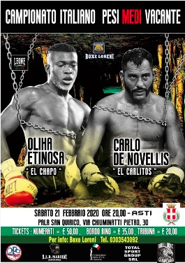 Il 21 Febbraio ad Asti Etinosa vs DeNovellis: in palio il Titolo Italiano Medi #ProBoxe