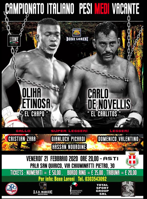 Il 21 Febbraio ad Asti Etinosa vs DeNovellis per il Titolo Italiano Medi - INFOTICKET & Sottoclou #ProBoxe