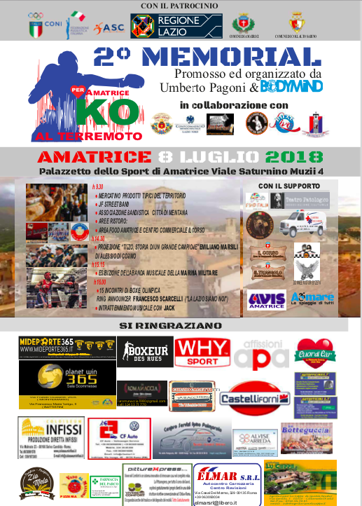 L'8 luglio ad Amatrice il 2^ Memorial "KO AL TERREMOTO" Sport, cultura e solidarietà: per non dimenticare.