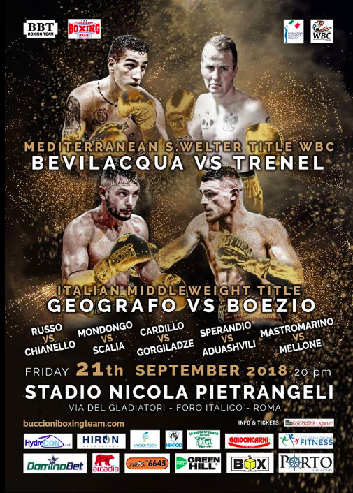 Il 21 Settembre a Roma STADIO NICOLA PIETRANGELI Bevilacqua per il Titolo Mediterraneo WBC Superwelter - Geografo vs Boezio per l'Italiano Medi - RICCO SOTTOCLOU  #ProBoxing