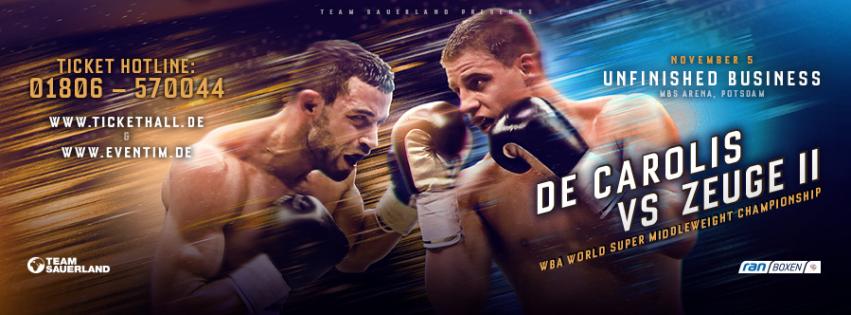 Fox Sports (204 SkyHd) trasmetterà in diretta (H 23) il Match tra De Carolis e Zeuge del 5 Novembre per il titolo Mondiale WBA Supermedi