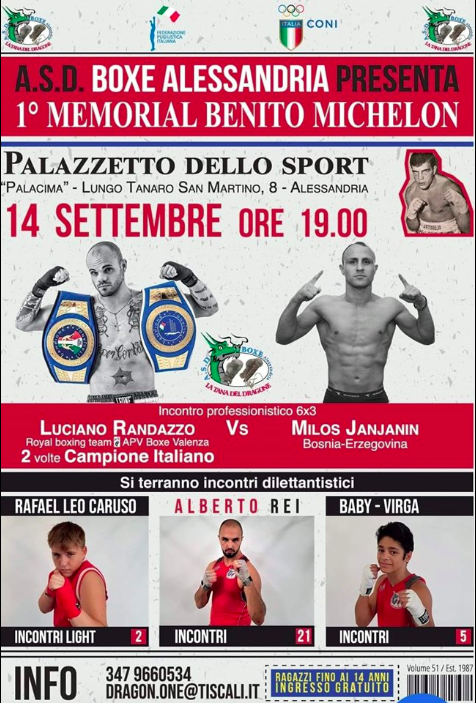 Il 14 settembre ad Alessandria torna sul ring Lucio Randazzo 