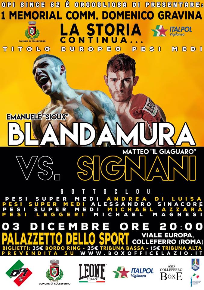 Il 3 Dicembre a Colleferro Blandamura vs Signani per il Titolo Europeo Pesi Medi #ProBoxing